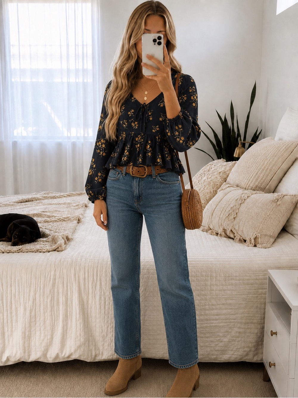 SO Navy Floral Peplum Tie-Front Blouse